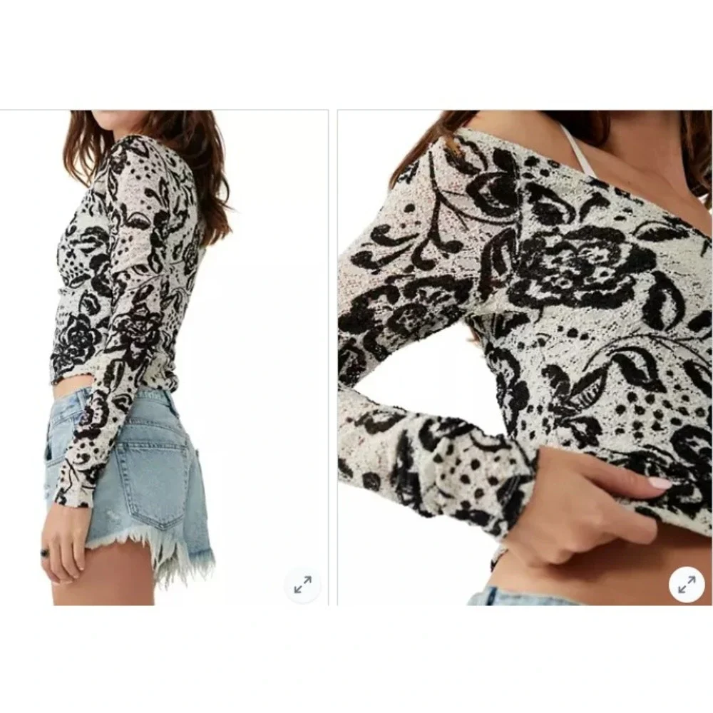 Free People Chloe Top Black White Floral Lace Long Sleeve Surplice V-Neck Large